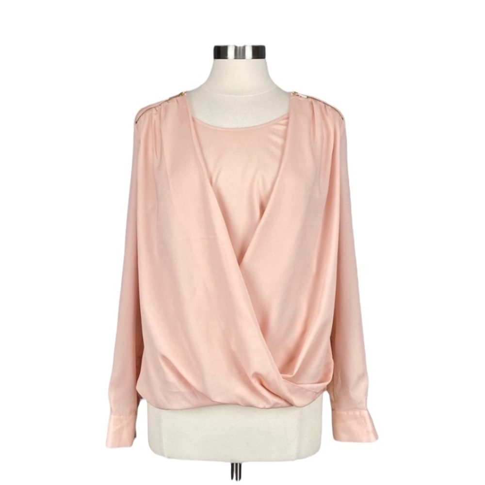 Calvin Klein Womens Draped Roll Sleeve Zip Shoulder Top Pale Pink Peach size L